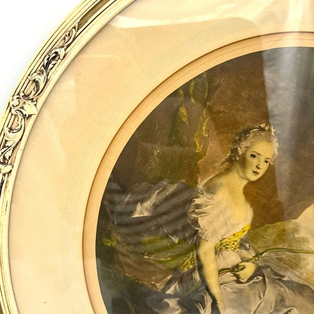 Antique‎ Print Round Ornate Frame Victorian Lady Signed 23in